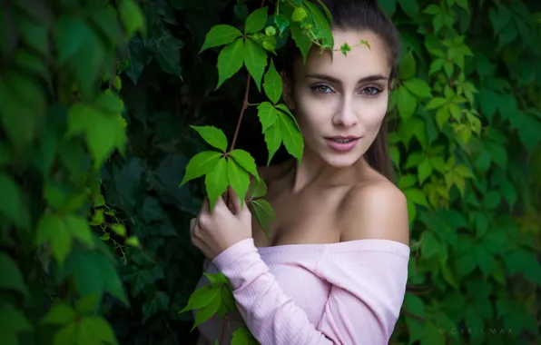 Picture greens, look, leaves, branches, model, portrait, makeup, dress