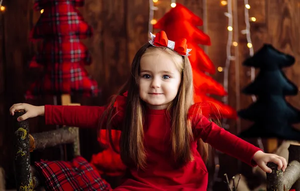 Child, chair, pillow, dress, girl, garland, bow, Christmas trees