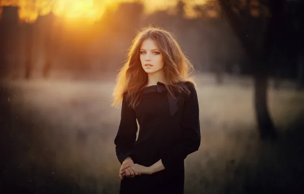 Forest, grass, look, sunset, sexy, pose, sweetheart, hair