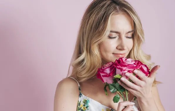 Girl, flowers, woman, roses, beauty, bouquet, colorful, blonde