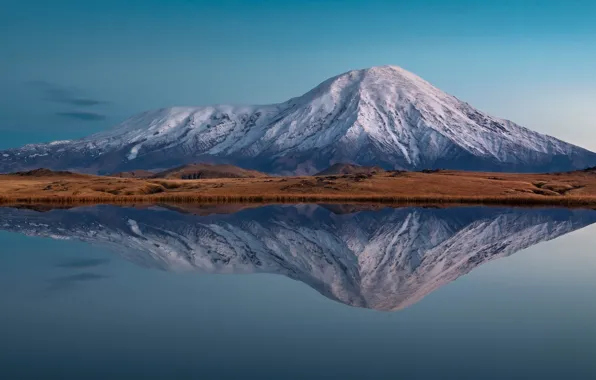 The sky, mountains, reflection, blue, shore, tops, pond, snow