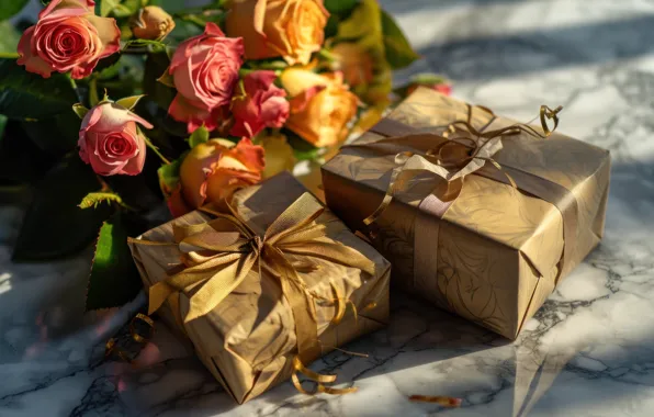 Flowers, holiday, gift, roses, candle, bouquet, candles, bow