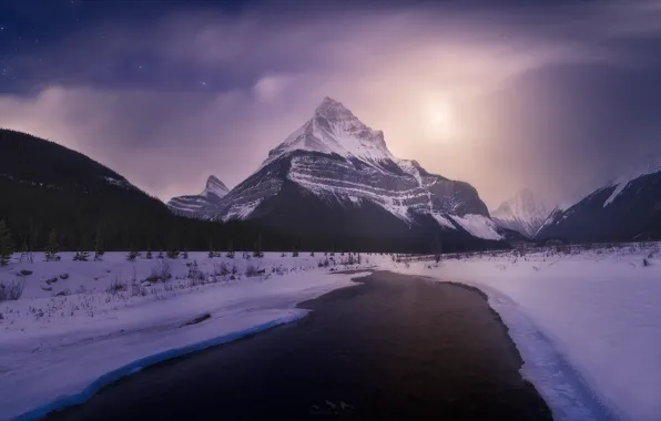 Picture winter, stars, snow, mountains, night, river
