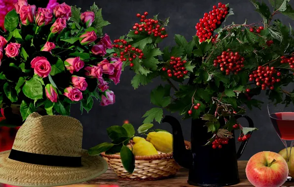 Lemon, apples, hat, Roses, still life, Kalina