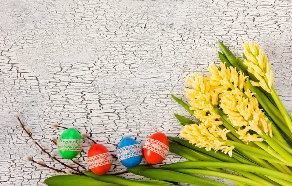 Flowers, eggs, colorful, Easter, happy, yellow, wood, Verba