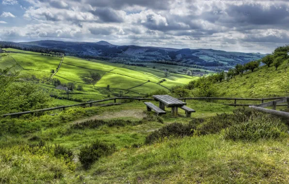 Grass, clouds, nature, table, hills, UK, benches