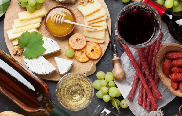 Wine, Apple, cheese, honey, grapes, Board