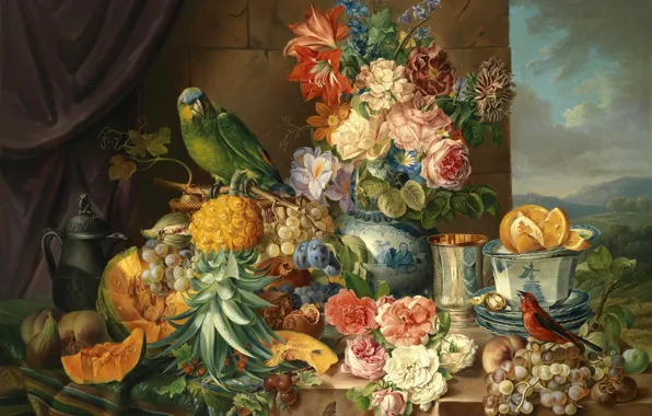 Birds, kettle, parrot, grapes, Cup, vase, pineapple, painting