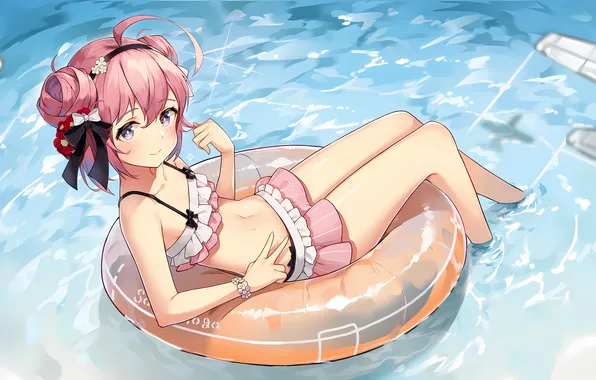 Girl, beach, blouse, pink hair, legs, sea, anime, water