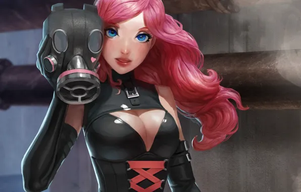 Girl, pipe, mask, art, gas mask, heart, pink hair