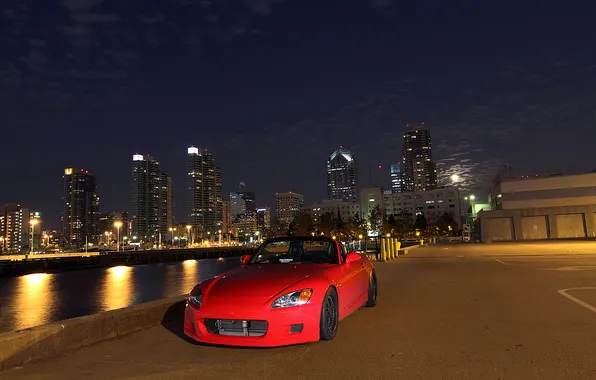 The sky, night, the city, night lights, red, Honda, red, skyscrapers