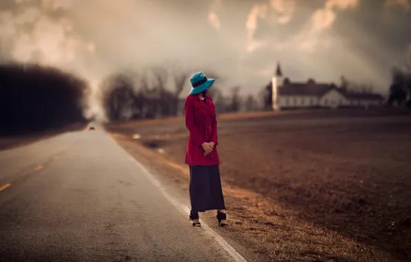 Road, girl, blur, Church, hat, roadside, arable land