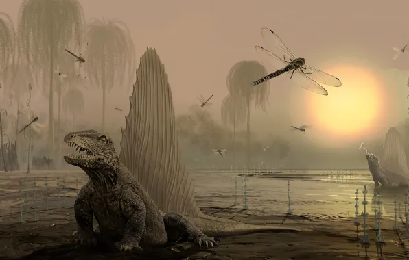 Vegetation, pond, lizards, Dimetrodon, Dinosauria
