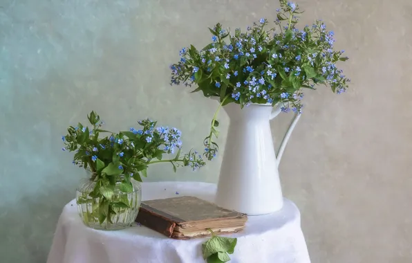 Flowers, bouquet, spring, blue, book, vase, pitcher, still life