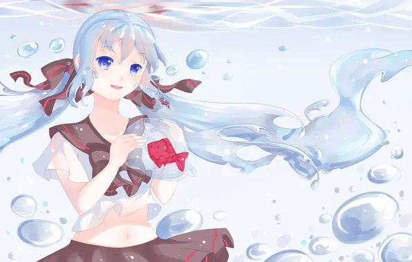 Water, girl, bubbles, fish, art, bows, vocaloid, under water