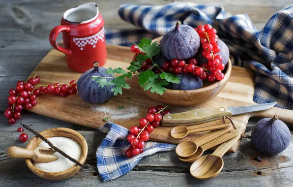 Picture berries, sugar, still life, red currant, figs