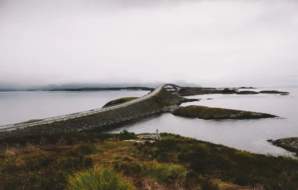 Bridge, lake, fog, hills, islets, rainy