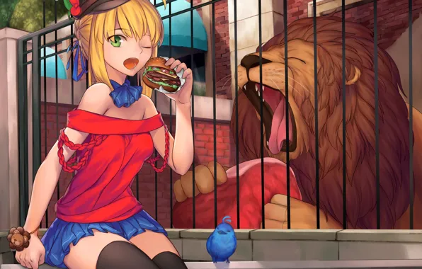 Girl, Leo, cell, meat, bird, zoo, hamburger, the saber