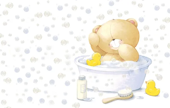 Smile, bubbles, mood, toy, bathing, art, bear, bath