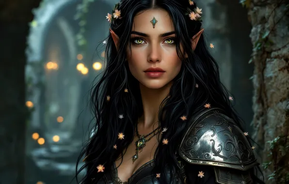 Look, girl, lights, castle, portrait, armor, brunette, fantasy