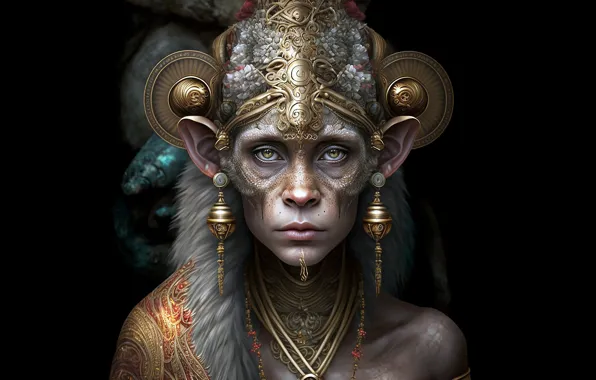 Look, girl, decoration, portrait, monkey, black background, Chimera, AI art