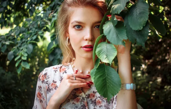 Summer, leaves, girl, decoration, branches, ring, earrings, makeup