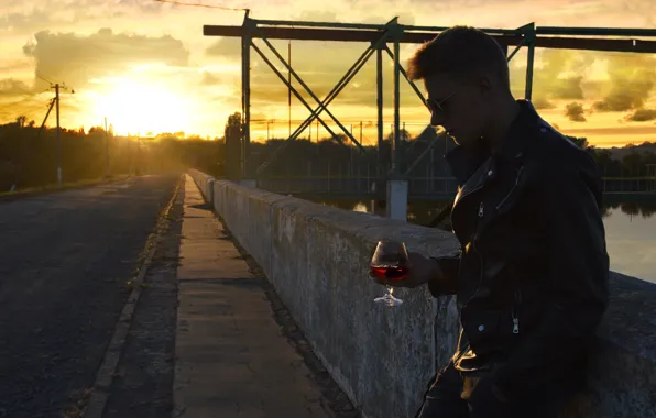 Picture road, sea, sunset, wine, black, plant, fishing, guy