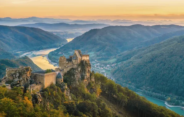 Forest, trees, mountains, fog, river, castle, rocks, morning