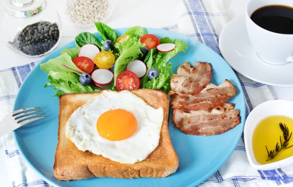 Egg, coffee, plate, bread, scrambled eggs, vegetables, tomatoes, bacon