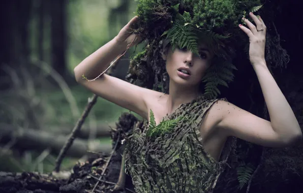 Picture leaves, girl, branches, nature, tree, moss, fern, wreath