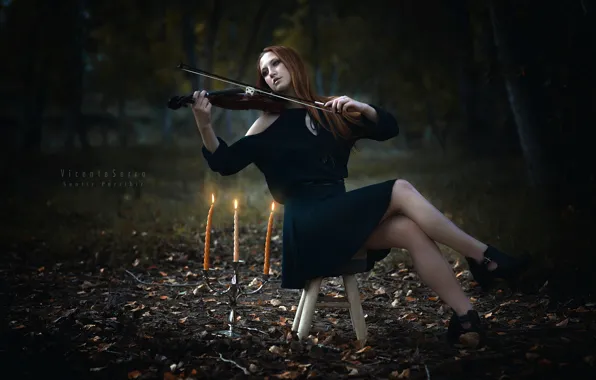Picture girl, violin, candles