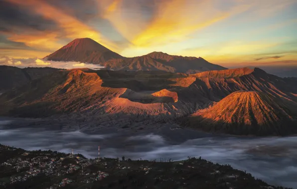 The sky, sunset, mountains, island, Indonesia, volcanoes, Bromo, Java