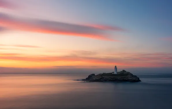 Sea, sunset, lighthouse, England, Gwinear-Gwithian