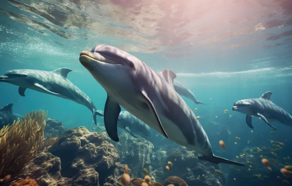 Sea, wave, water, Dolphin, the ocean, dolphins, underwater world, swimming