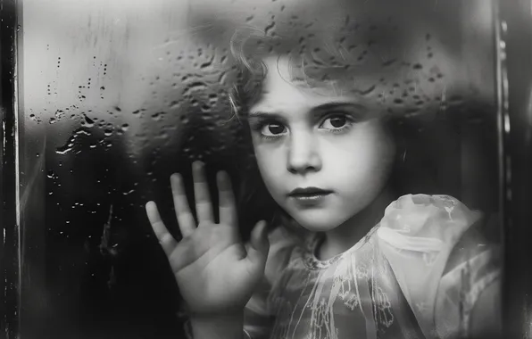 Look, glass, drops, face, the dark background, rain, child, hand