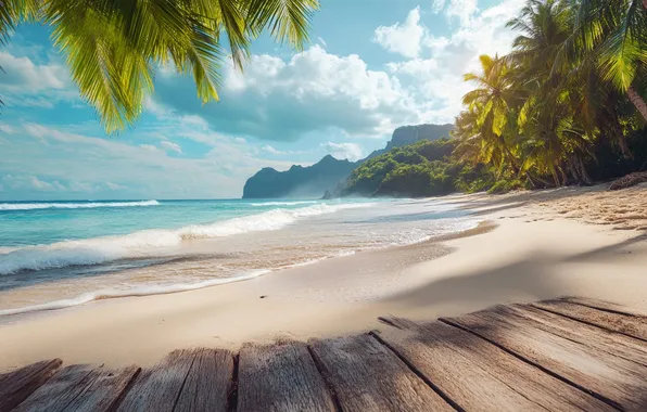 Sand, sea, wave, beach, the sky, clouds, light, mountains