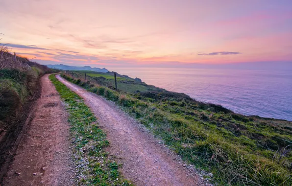 Road, sea, the sky, grass, clouds, sunset, coast, the evening