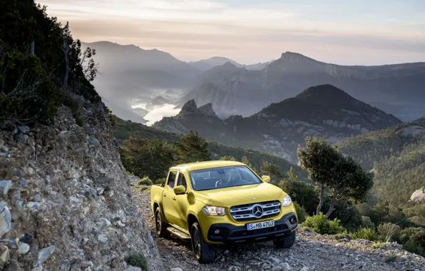 Landscape, mountains, stones, yellow, open, vegetation, Mercedes-Benz, valley