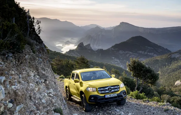 Picture landscape, mountains, stones, yellow, open, vegetation, Mercedes-Benz, valley