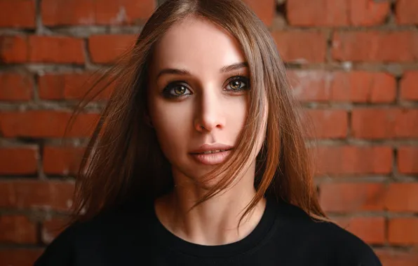 Look, girl, face, wall, portrait, bricks, long hair, Mikhail Pershin