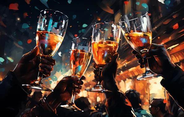 Picture Glasses, Christmas, Hands, New year, Digital art, Champagne, AI art, The Art of Artificial Intelligence