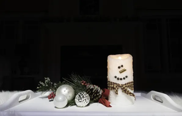 Balls, toys, candle, Christmas, New year, fur, snowman, black background