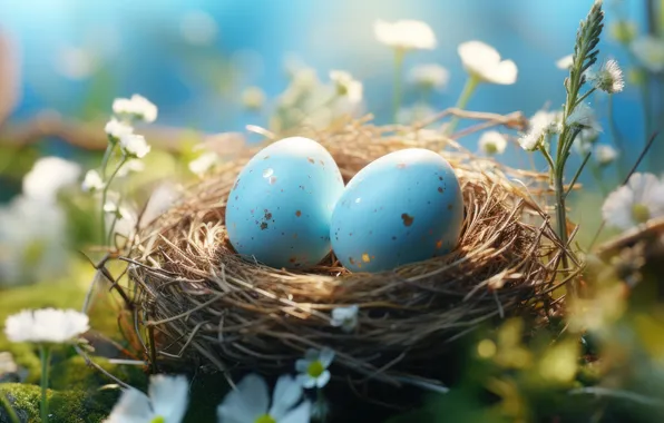 Light, flowers, branches, holiday, eggs, blur, spring, blue