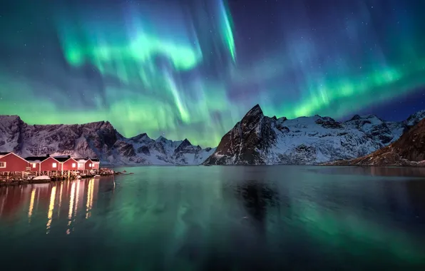 Night, Northern lights, houses, North, the fjord, The Lofoten Islands