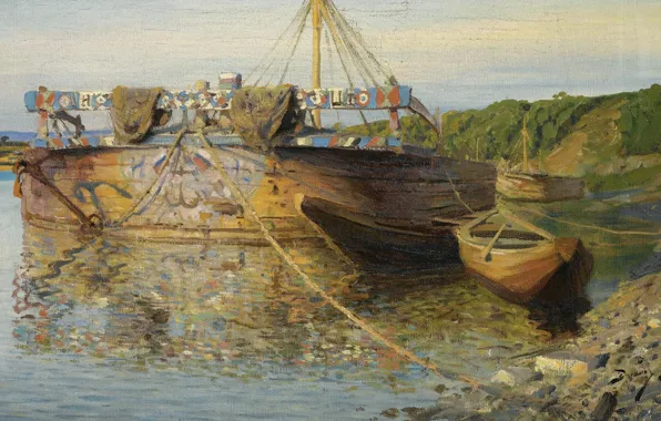 Picture landscape, shore, boat, picture, Vasily Polenov, Barge on the river Oka