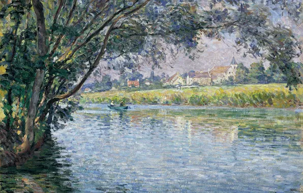 Trees, landscape, river, boat, home, picture, Henri Lebacq, The Banks of the River Marne near …