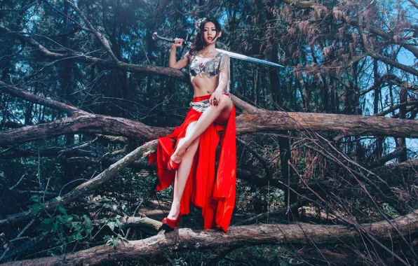 Picture pose, style, tree, feet, model, sword, Asian