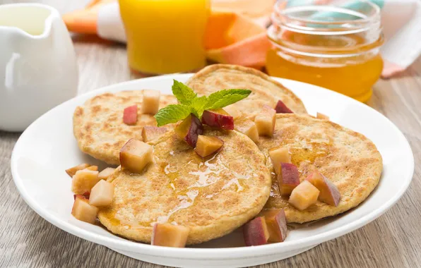Picture Breakfast, honey, honey, pancakes, pancakes, Breakfast, mint leaves, mint leaves