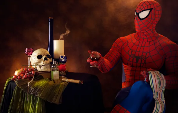 Picture skull, humor, cigar, booze, spider-man
