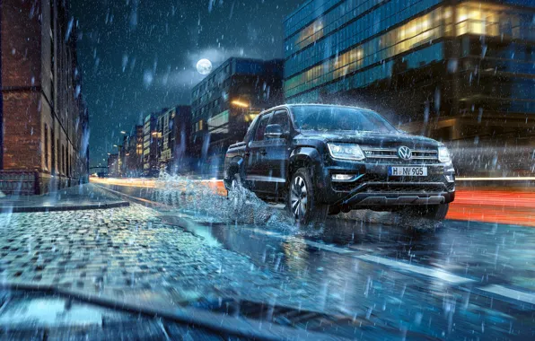 Black, Night, The moon, Volkswagen, Rain, Squirt, Pickup, Amarok